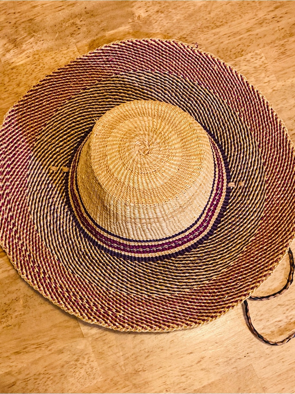 Straw Wide-Brim Sun Hat with Purple Accent - handmade in Africa